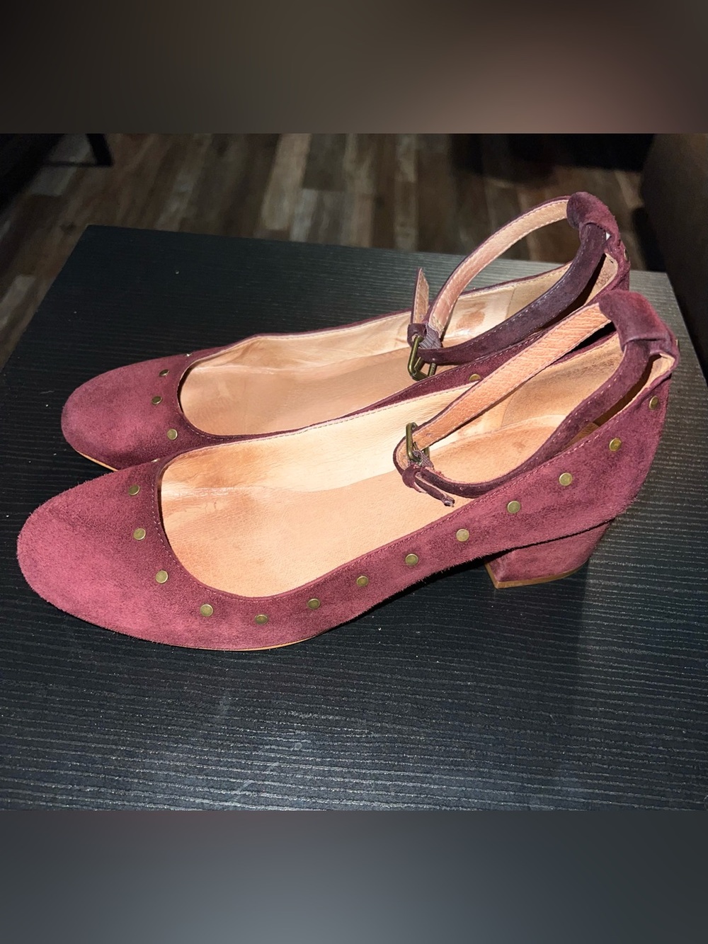 Madewell Burgundy Suede Studded Mary Jane Heels
